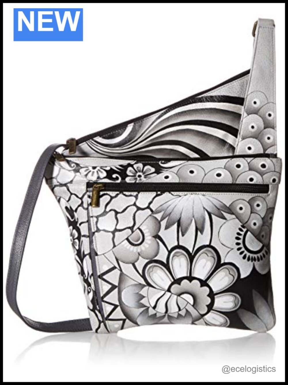 Hand-Painted Leather Crossbody Bag with Zippered Pockets